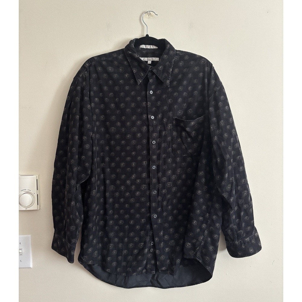 Vintage 90s Y2K Grunge Mens Large Button Up Shirt Corduroy Black Cotton Goth